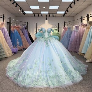 Blue Princess Ball Gown Quinceanera Dresses Customized Lace Flower Appliques Crystals Luxury Sweet 15 Dress vestidos de fiesta