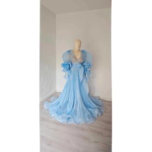 2025 Blue V Neck Pleated Organza Maternity Dresses for Photoshoot Big Skirt Dress for Maternity Shoot Baby Shower Dresses YEWEN