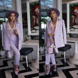 Purple Crystal Women Pants Suits Flowers Beading Blazer Sets Double Breasted 2 Pieces Customized Wedding Guest Party Show Outfit