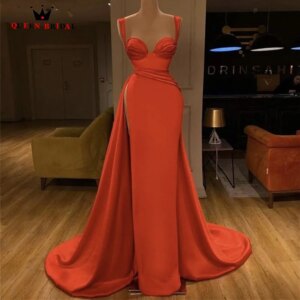 Orange Silk Satin Mermaid Prom Dresses Modern Sweetheart Sleeveless Floor Length Side Slit Evening Dresses robes de soirée LP02