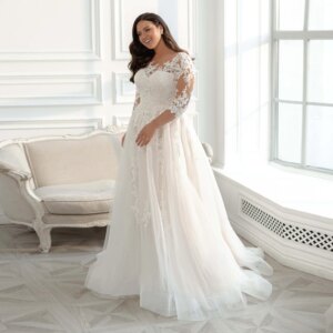 Eleagnt Wedding Dress Plus Size 3/4 Sleeves Glitter Tulle Lace Applique Vestido De Noiva Bride Dresses Big Size Women Modest New