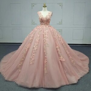 Customized Shiny Dark Pink V-neck Quinceanera Dress butterfly applique Tull Lace trailing vestidos de 15 Quinceanera 