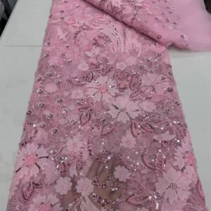 Luxury African Fabric Pink Beaded Lace Fabric African Lace Fabric 2025 High Quality 5 Yards Embroidered Lace For Wedding A1069-1