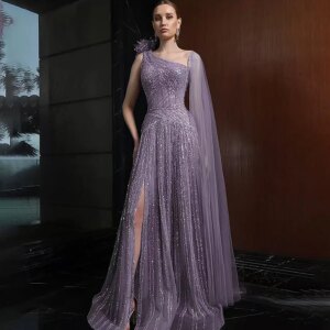 OEING 2025 Luxury Dubai Evening Dresses with Overskirt Side Slit Lilac One Shoulder Wedding Formal Party Prom Gowns Customized