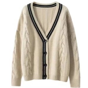 100% pure cashmere cardigan, women’s V-neck thickened color knitted coat, loose college style