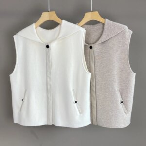 Autumn Women Wool Hooded Cardigan Sheepskin Stitching Sleeveless Fashion Casual Knitted Vest