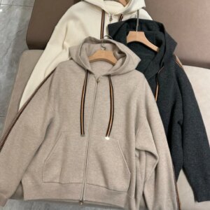 Autumn L*P Cashmere Hooded Cardigan for Women Contrast Color Long Sleeve Casual Ladies Knitted Sweater