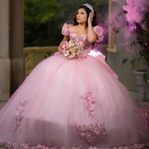 Customized Shiny Pink Off Shoulder Quinceanera Dress Lace Tull sequin applique 3D flower Long tail vestidos de 15 Quinceanera