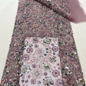5Yard最新尼日利亚 Lace Fabrics Fashion Women African Tull Lace Luxury Handmade Bead Sequins Fabrics for Wedding Dress Q124-1