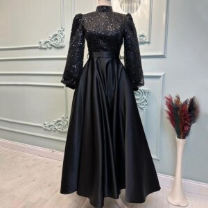 Flechazo Elegant Sequin and Satin Evening Dress High Neck Lantern Long Sleeves A-Line with Belt Ankle Length Customized Gowns