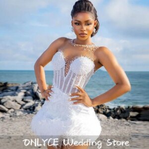 Luxury White Short Mermaid Prom Dress High-End Beading Pearls 2024 Birthday Luxury Dress Evening Party Dress Feathers Customized
