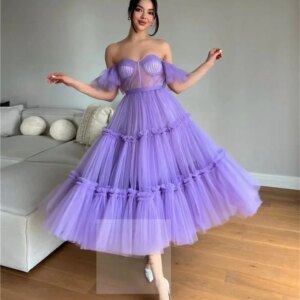 Purple Tulle A-Line Party and Wedding Dress Prom Dresses Sweetheart Robe Evening Gowns Elegant Gowns Bridesmaid Dress