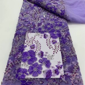Luxurious Nigerian Handmade Beads Lace Fabric 2024 High Quality Purple Embroidery African Lace Fabric For Dresses Sewing