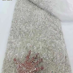 White African Nigerian Tulle Lace Fabric Sequins Sewing Beads Sequins Embroidery Dresses High Quality 2025 5 Yards Wedding Dress