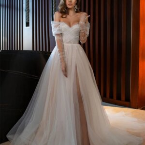 Customized Sexy Tulle High Slit Pearl Criss-cross A-line 2025 Evening Dresses for Women Court Train Party Dresses Prom Dress