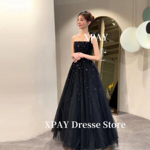 OLOEY Glitter Navy Blue Evening Dresses Shiny Korea Women Wedding Party Strapless Tulle Elegant Special Occasion Gowns Customize