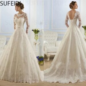 Luxury Appliques Wedding Dresses Long Sleeve Tulle with Belt Bow Women’s Wedding Ceremony Gowns Formal Occasion DressesTrailing