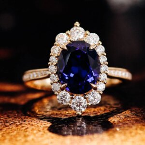 Provence 18K/14K/10K Solid Gold Oval Cut Lab Grown Royal Blue With DEF VVS Round Moissanites Halo Ring Customized Gift