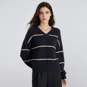 BC821 V-neck striped long sleeved 100% cashmere knit sweater, warm and comfortable pullover