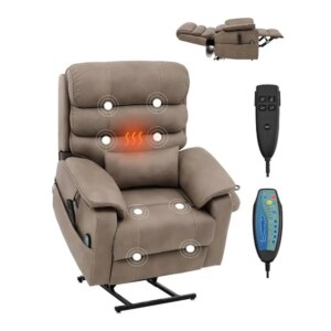 Power Lift Recliner Chair Medium Wide Lay Flat Dual Motor Sofa with Massage Heat Cup Holders Wireless Charging Pad Light Brown