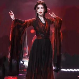 Classical dance Chinese black and red large-skirt flowing performance costume