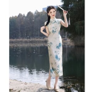 Spring and Summer New Long Sleeveless Cheongsam Qi Pao Retro Improved Chinese Style Young Daily Dress