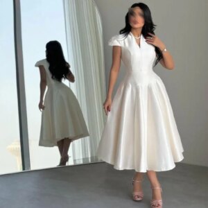 FLORINE TULIRAIN Simple A-Line Short Prom Dresses V Neck Satin Women’s Evening Dresses Tea-Length Party Prom Gowns Customized