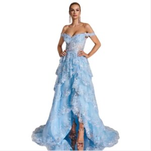 Luxurious Evening Dresses Tiered Lace Sequins vestidos de fiesta with Slit Illusion Corset Wedding Party Dress Customized