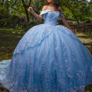 Customized Sky Blue Quinceanera Dresses Ball Gown Off Shoulder Sequin Appliques Beads Tull 16 Dress Vestidos 15 De Anos