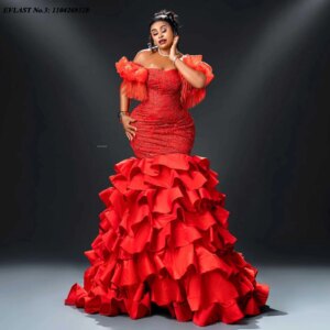 EVLAST Customized Aso Ebi Red Mermaid Prom Dress Ruffled Fluffy Tulle Skirt African Birthday Dress Formal Party Gown E3P353