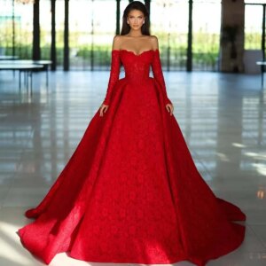 Gorgeous Red Strapless Evening Dress Formal Occasion Long Sleeve Chapel Train A-Line Gowns Luxury Draped Princess Dress Vestidos