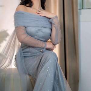 Customized Strapless Baby Blue Jersey Backless Evening Dress Sweep Train Full Sleeves Sequined Floor Length Party Prom Gowns