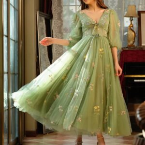 Puffy Sleeve Fairy Prom Dresses 2023 Flower Embroidery Tulle A Line Long Sleeves Evening Party Gowns Flower Ball Gown For Women