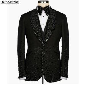 Black Men Business Formal Handmade Crystal Pearls Occasion Tuxedos Grooms Wedding Party Prom Male Suit 2 Piece Set Blazer Pants
