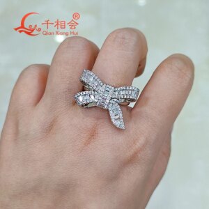 Sterling 925 Silver Hip Hop Baguette Moissanite Ring 18*25mm Bowknot Diamond Unisex Fine Jewelry