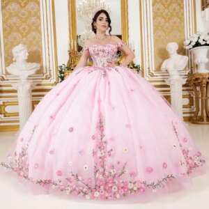 Customized Pink Princess Flower Applique 15 Quinceanera Ball Gown Off the Shoulder Lacing up Court Train Vestido De Graduaction
