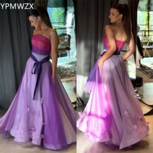 Customized Formal Dress Women Party Occasion YPMWZX Strapless A-line Floor Length Skirts Draped Sleeveless Applique 3D Flower B