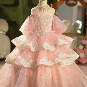 High Quality Pink Princess Special Occasion Flower Girl Dress Wedding Pary Prom Perform Birthday Baby Child Kid Ball Gown