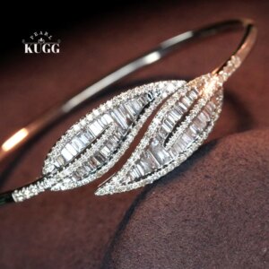 KUGG 100% 18K White Gold Bangle Luxury 1.75carat Real Natural Diamond Bangle Classic Leaf Shape High Party Jewelry for Women