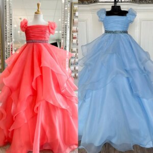 Coral Ballgown Girl Pageant Dress 2025 Puff Sleeve Ruffle Layer Little Kid Birthday Formal Party Gown Infant Toddler Teens Tiny