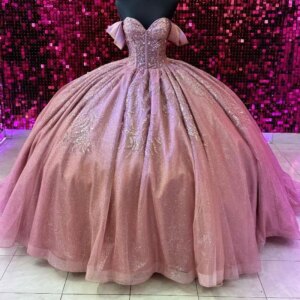 Luxury Pink Shiny Quinceanera Dresses 2025 Beading Crystal Tull Sweethear Princess Sweet 16 Year Birthday Party Gown Gift vestid