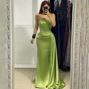 MisShow Sexy Ruched Evening Dresses Strapless Satin Fish Bone Crystal Sashes Formal Party Prom Gowns Vestido Maxi Custom Made