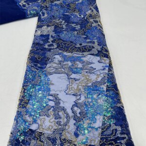 African Sequins Embroidery Lace Fabric, Groom Lace Fabric, Luxury Beaded Wedding Party Dress, High Quality, Blue, 5 Yards, 2024