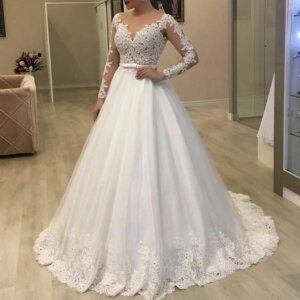 Princess Ball Gown Wedding Dress long sleeve bride dress V neck plus size robe de mariee Lace beading Wedding Bridal Gown