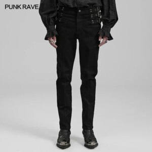 PUNK RAVE Punk Men’s Slim Fitting Straight Leg Jeans Decorative Loops At Waist Symmetrical Daily Black Denim Trousers