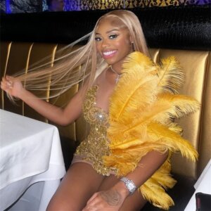 Gold Feather Prom Dresses Short Sexy Illusion Black Girl Evening Dress With Beaded Crystal Cocktail Party Birthday Customized