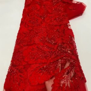 Red net Lace Fabric 2025 High Quality Lace 5 Yards Luxury Handmade Beads Lace Fabric With Sequin Evening Dress For Woman A919-1