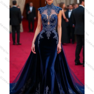 Royal Blue Lace and Velvet High Neck Evening Dress Chic Prom Gown Robes De Soirée Customized Dresses