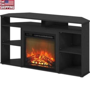 Modern Corner TV Stand with Electric Fireplace Insert Fits TVs up to 55 Inches Functional Wood Furniture Easy Setup