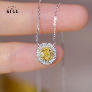 KUGG 18K White Gold Necklace 0.40carat Real Natural Yellow Diamond Pendant Necklace for Women Party Jewelry Classic Oval Design